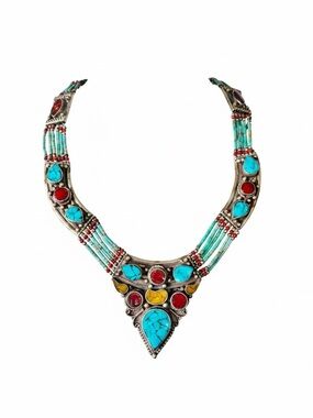 Vintage Tibetan turquoise and coral sterling silver bib statement necklace